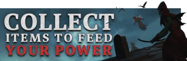 Beyond the Ice Palace 2: "Collect items to feed your power" text with hooded figure and birds.