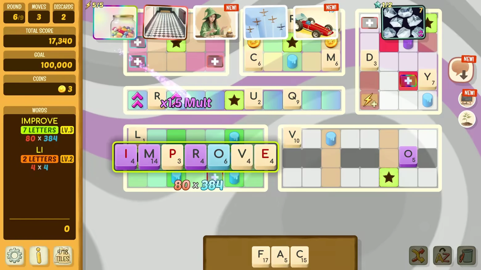 Beyond Words: Colorful tiles spell "IMPROVE" with scores; sidebar shows round stats and goals.
