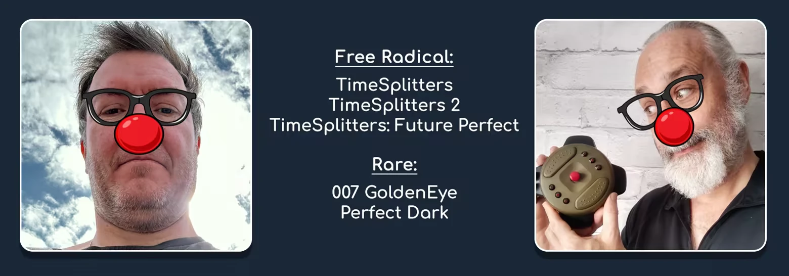 Beyond Words: Two men with clown noses and glasses, text lists games by Free Radical and Rare.