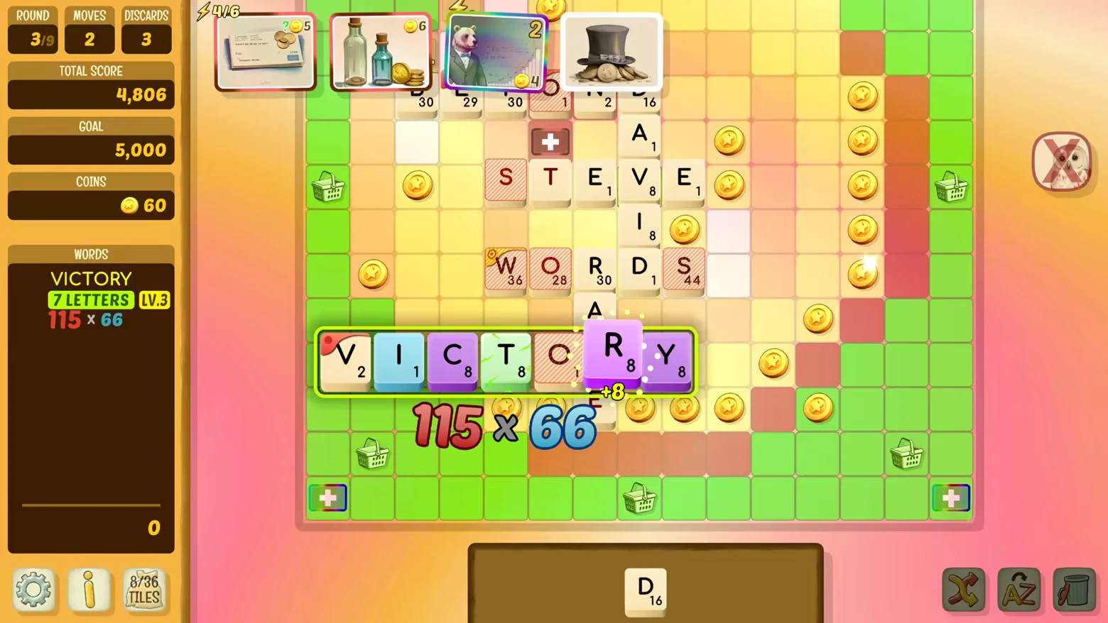 Beyond Words: Colorful grid with "VICTORY" tiles, score 115x66, and UI showing score and moves.