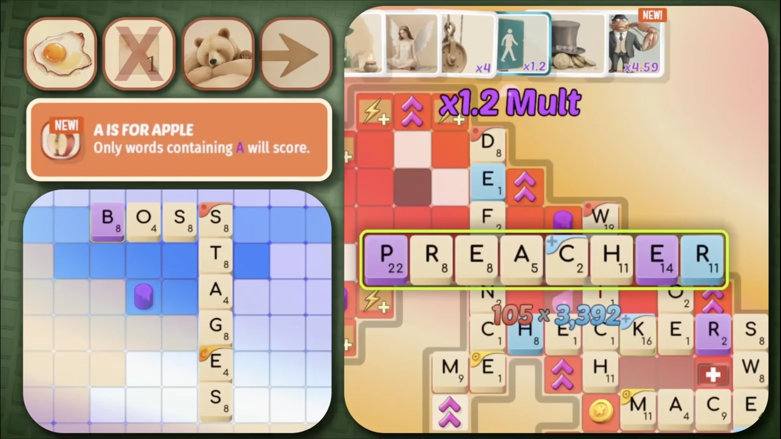 Beyond Words: Scrabble-like board with "PREACHER" highlighted, score multiplier, and icons.