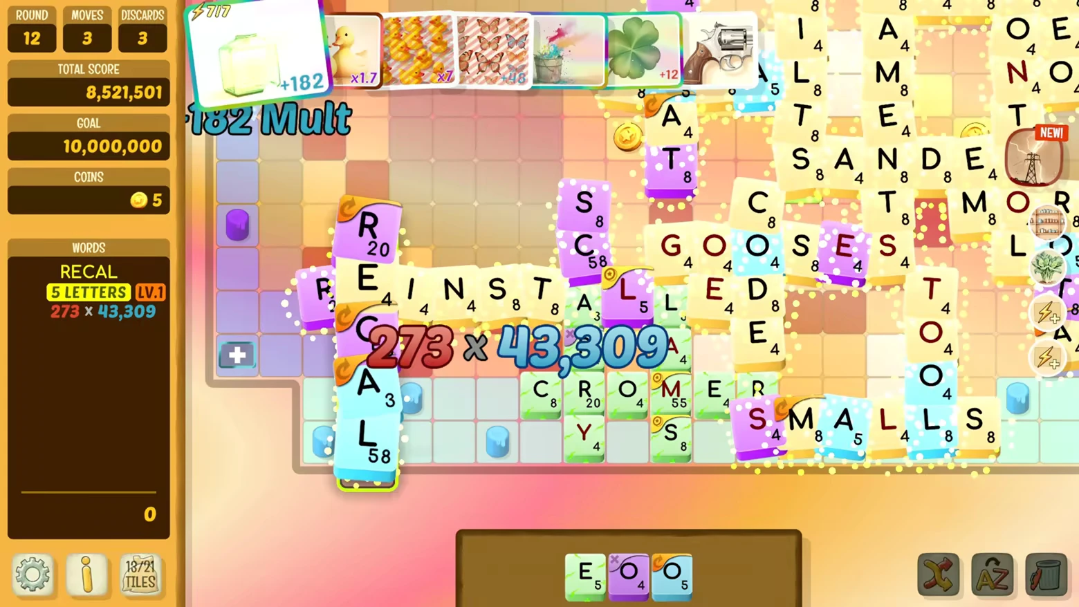 Beyond Words: Colorful grid with letter tiles, score display, and word "RECAL" highlighted.