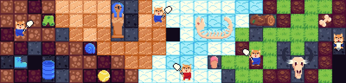 Big Dig: Pixel grid with diggers, fossils in ice tiles, and a skull on grass blocks.