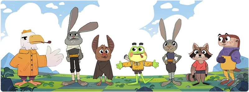 Big Hops: Cartoon animals, including a frog, rabbit, and eagle, stand on grassy terrain.