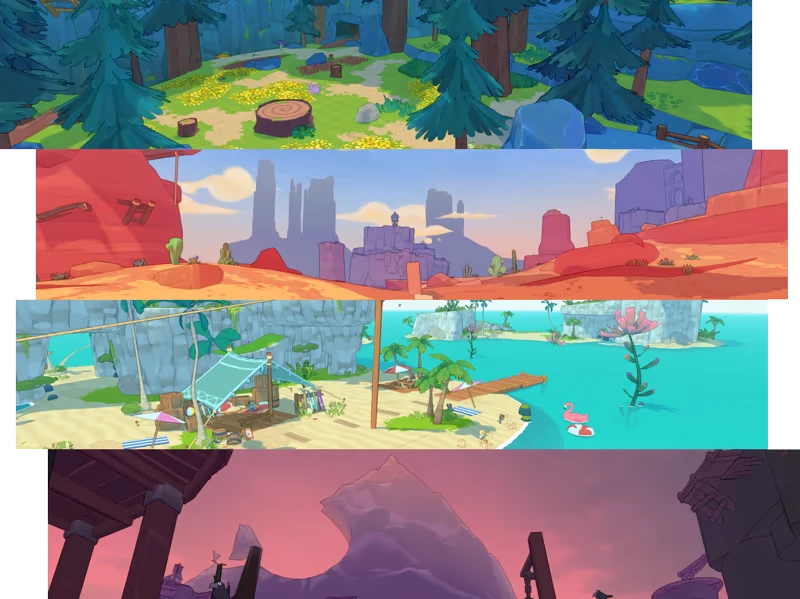 Big Hops: Four vibrant landscapes; forest, desert, beach with dock, and mountain at sunset.