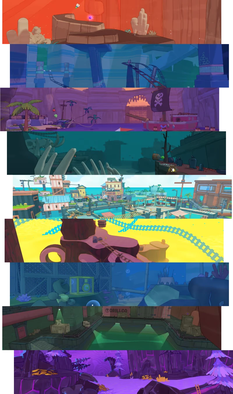 Big Hops: Nine vibrant, layered landscapes with varied terrains and structures, from desert to ocean.