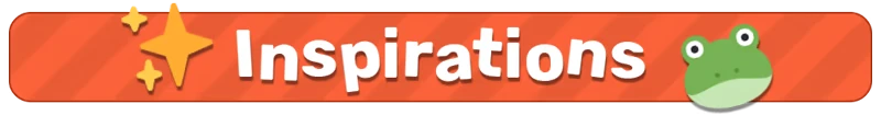 Big Hops: Orange banner with "Inspirations" text and a cute frog face icon on the right.