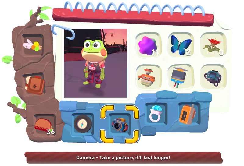 Big Hops: Frog character in red overalls, inventory with items, and camera UI highlighted.