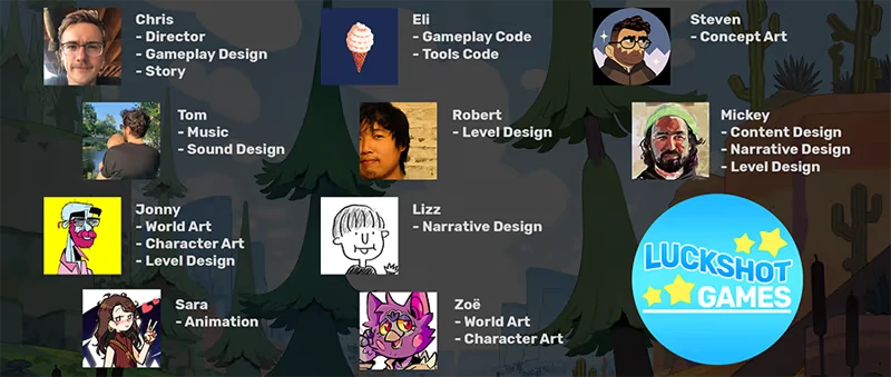 Big Hops: Team members with roles, cartoon avatars, and Luckshot Games logo on a forest backdrop.