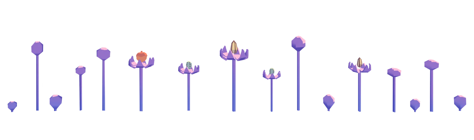 Birdteeth: Purple stems with buds, some open with a fruit, egg, and seed visible on top.