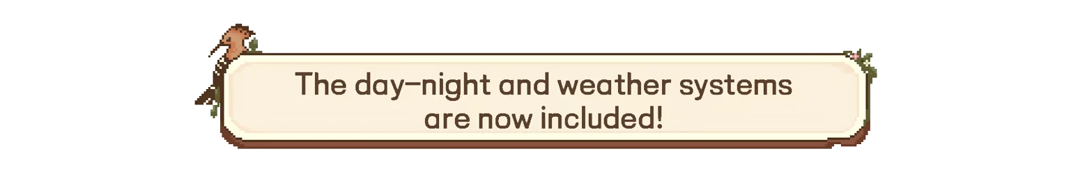 Birdwatching Notebook: Beige banner with text, "The day-night and weather systems are now included!"