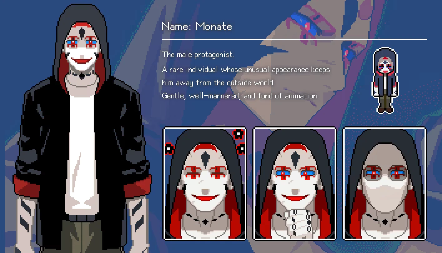 BLACK BOX LSS: Character Monate in a black hoodie, red eyes, white face paint; text describes him.
