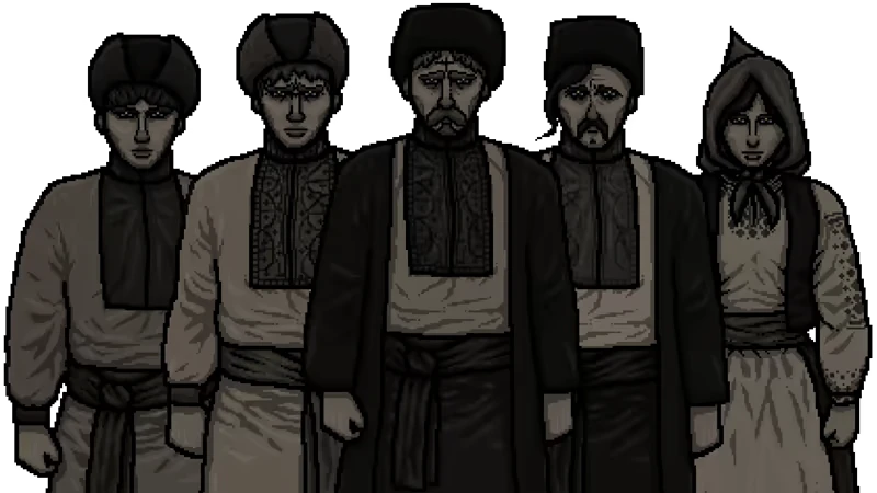 Group Portrait – Black Raven Black Raven: Five somber figures in traditional Eastern European attire stand against a dark backdrop.
