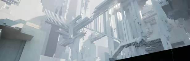 BLACKSHARD: Intricate, towering white structures form a complex maze against a bright sky.