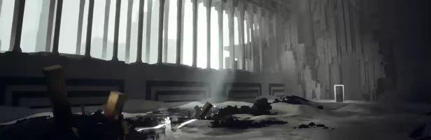 BLACKSHARD: Sunlit room with tall windows, debris on the floor, and a small illuminated doorway.