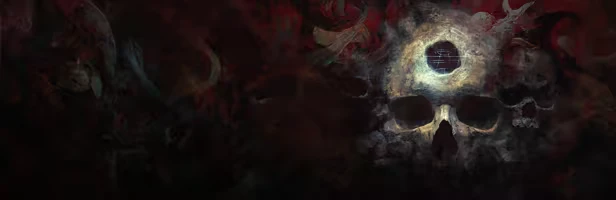 BLACKSHARD: A dark, eerie skull with glowing eye sockets and swirling red and black background.