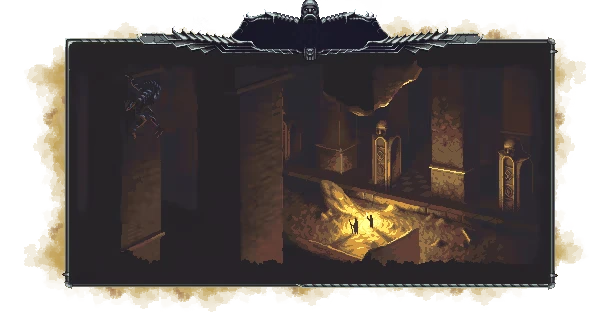 Blackthorn Winter: Two figures stand in a dimly lit cavern with ornate pillars and a shadowy creature.