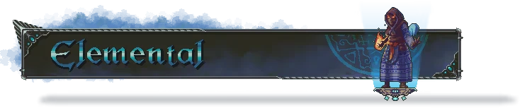 Blackthorn Winter: "Elemental" text in ornate font, robed figure holding fire, blue background.