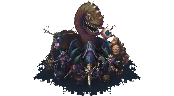 Blackthorn Winter: A lineup of mythical creatures, including a serpent, cyclops, and armored figures.