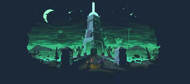 Blackthorn Winter: Two characters approach a glowing tower under a crescent moon and shooting stars.