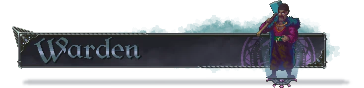 Blackthorn Winter: "Warden" text in gothic font, character with a scythe, ornate frame design.