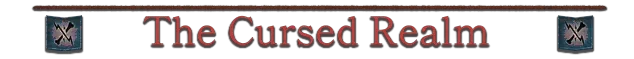 Blast Judgment: Red serif title “The Cursed Realm” with crossed-swords icons on sides.