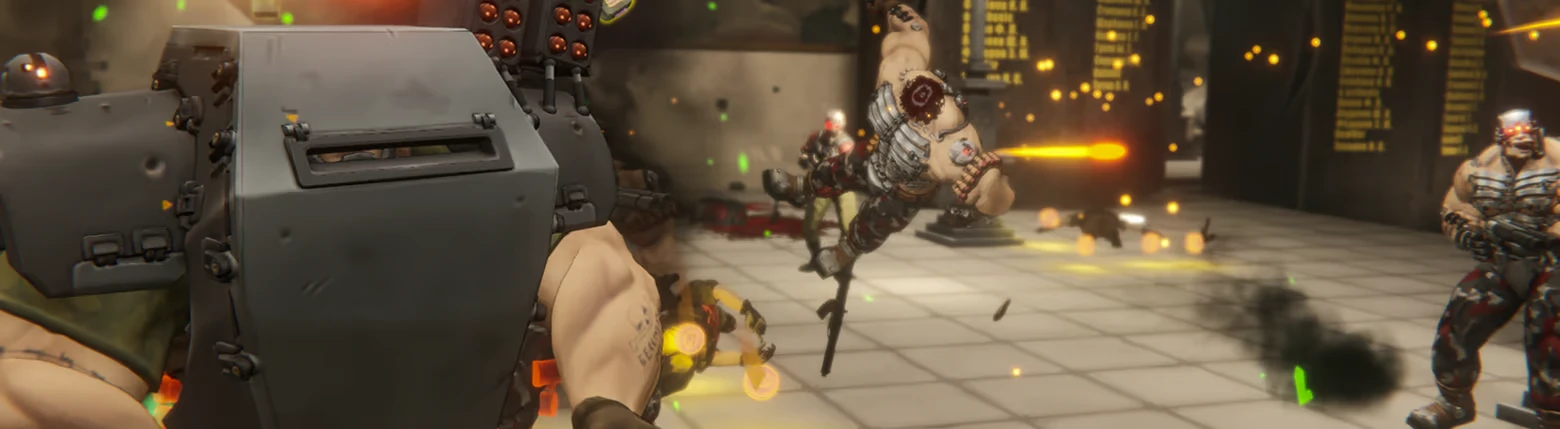 BLEEDING: Armored fighter with huge backpack fires at cyborg enemies in a lab room.