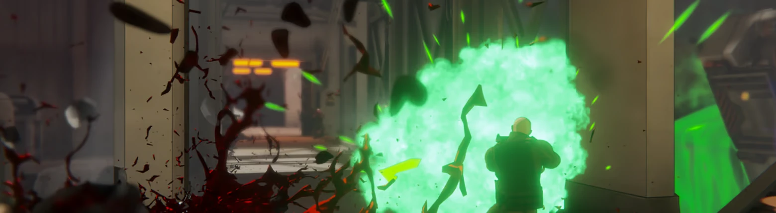 BLEEDING: Soldier silhouette firing into bright green blast, blood splatter and debris flying.