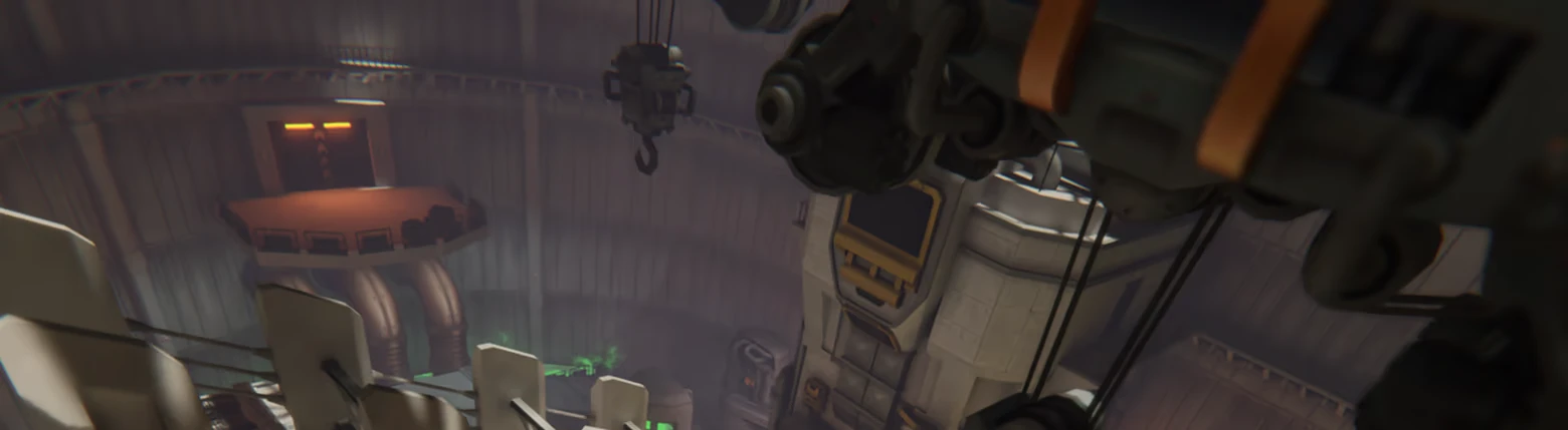 BLEEDING: Industrial chamber with crane hook, pipes, and a large mechanical arm close-up.