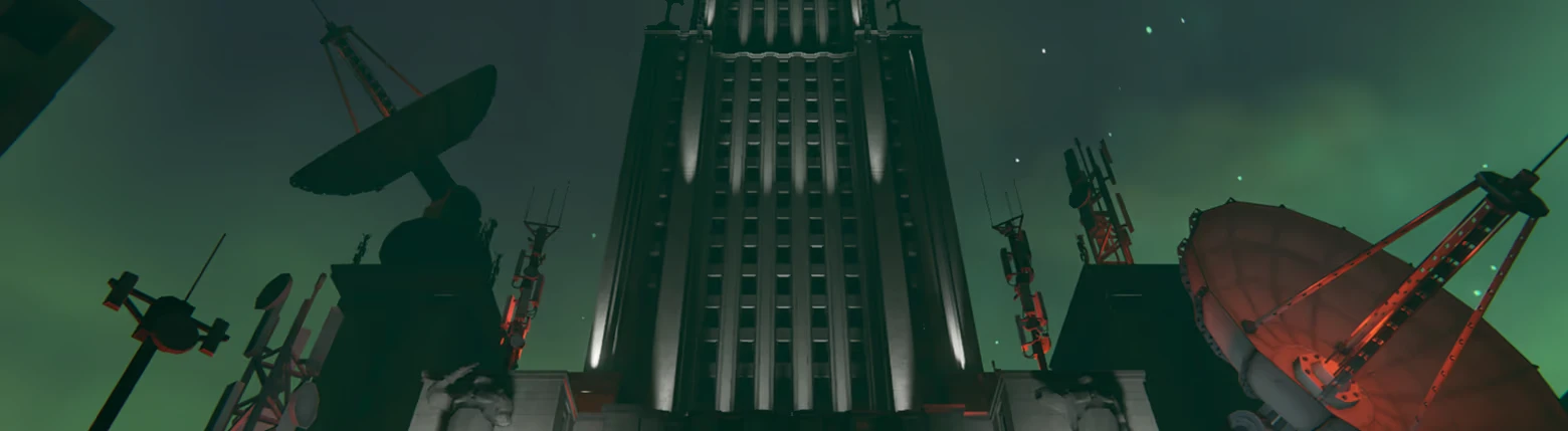 BLEEDING: Low-angle view of tall tower flanked by red-lit satellite dishes at night.