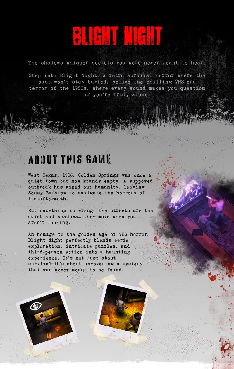 Blight Night: Red title text, eerie scene with figures, and taped Polaroids on a grungy background.