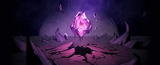 Crystal Shard – Blightstone Blightstone: A glowing purple crystal hovers above cracked earth, surrounded by jagged shards.