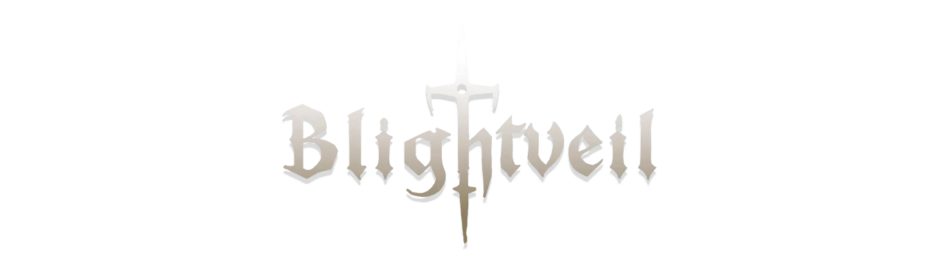 Blightveil: White gothic title logo with a sword silhouette on a black background.