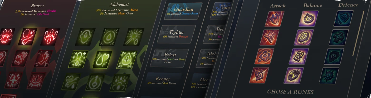 Blightveil: Rune selection UI with Attack, Balance, Defence icons and stat panels.