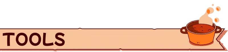 Block Block Block: Beige banner with bold TOOLS text and orange steaming pot icon.