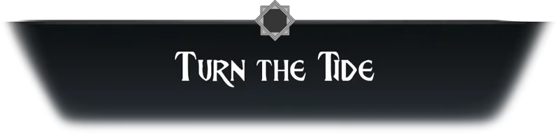 Blood Vow: "Turn the Tide" text in white on a dark banner with a geometric emblem above.