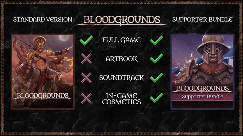 Standard Supporter Comparison – Bloodgrounds Bloodgrounds: Two versions compared; gladiator art; features list with checkmarks and crosses.