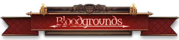 Title Banner – Bloodgrounds Bloodgrounds: Ornate red banner with "Bloodgrounds" text, candles, and decorative elements.