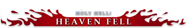 BLOODY HELL 2: Red banner with black flames and text “HOLY HELL! HEAVEN FELL”.