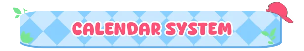 Calendar System – Bobo Bay Bobo Bay: Blue diamond pattern banner with "Calendar System" in bold pink text, red cap icon.