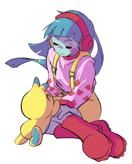 Creature Bonding – Bobo Bay Bobo Bay: A character with blue hair and red headphones pets a yellow creature, wearing pink boots.