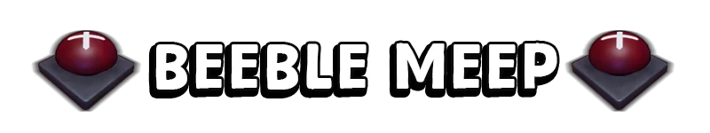 Bogos Binted?: Text "BEEBLE MEEP" in bold white with red buttons on dark square bases.