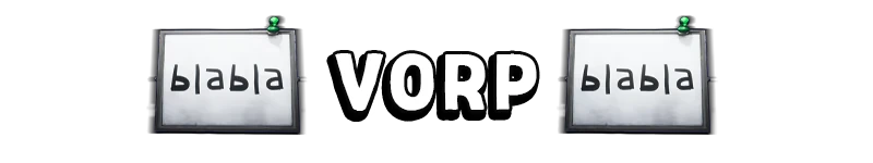 Bogos Binted?: Two signs with "blabla" flank bold "VORP" text, each sign pinned with a green tack.