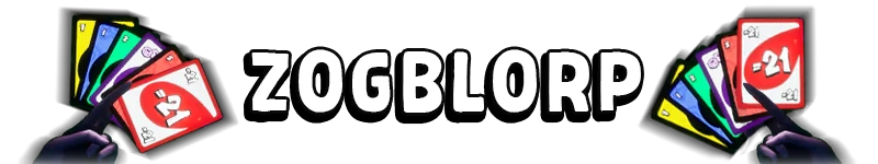 Bogos Binted?: Two hands hold colorful cards with numbers, text "ZOGBLORP" in bold white font.