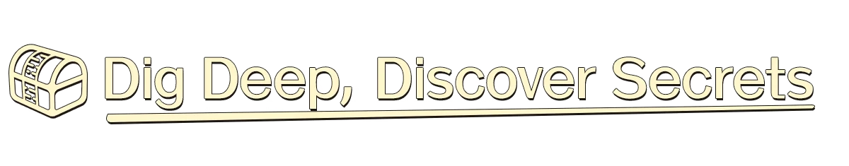 Dig Deep Slogan – Bolt & Whalington Bolt & Whalington: Beige chest icon and bold text “Dig Deep, Discover Secrets”.