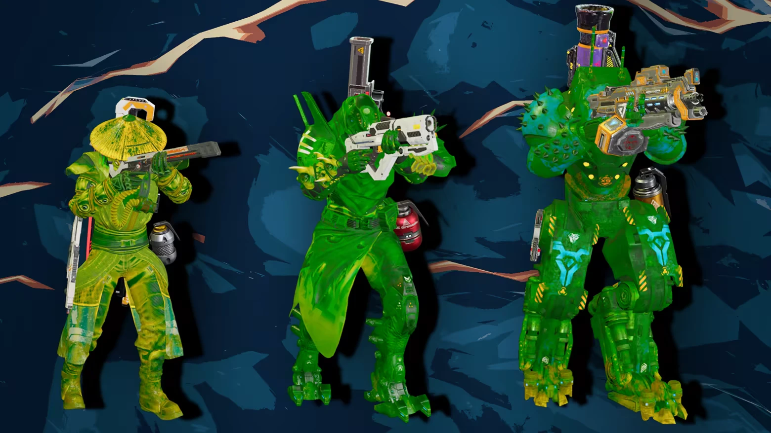 Bomberball: Three armored characters in green suits holding futuristic weapons on a dark background.
