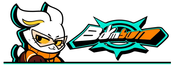 Logo Mascot – Bombun Bombun: Rabbit with yellow goggles beside bold Bombun logo in white and orange text.