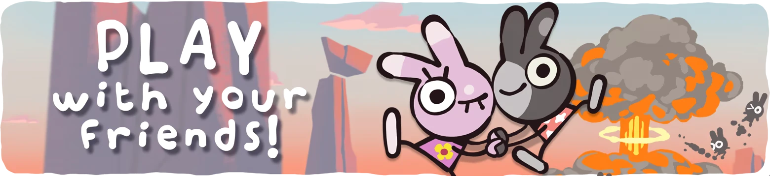 BOMMY: White text “PLAY with your Friends!” beside two cartoon bunnies and explosion.