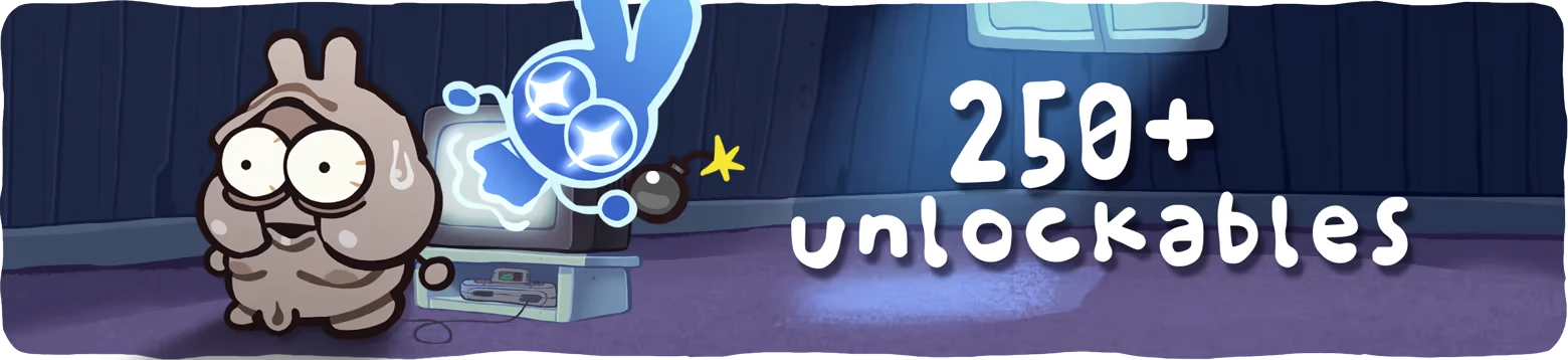 BOMMY: Cartoon bunny by TV with bomb icon; white text reads “250+ unlockables”.