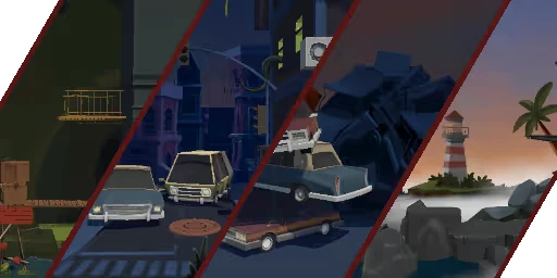 Boo!: Four scenes divided by red lines; a balcony, cars, junkyard, and lighthouse by the sea.